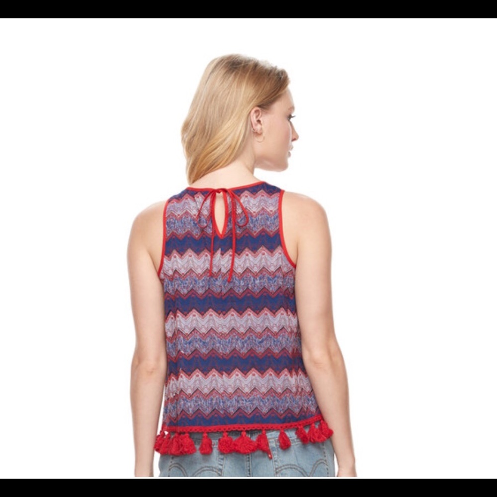 Red White Blue Tie Back Stitched Pom Top - Picture 2 of 8